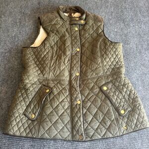 Joules Womens Olive Green Quilted Vest Corduroy Trim Fleece Lined Snap Front